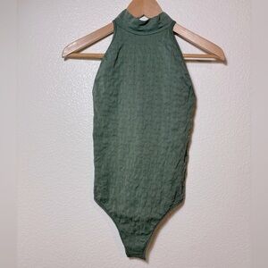 Free People Clear Mind Pointelle Mockneck Bodysuit in Military Green Size XS/S